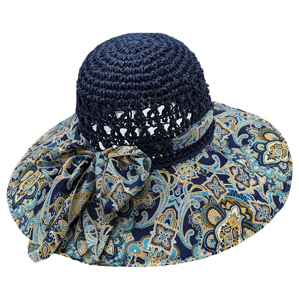 4518 Straw Sun Hat BohemianFloral Floppy Summer Beach Cap with Bow UV